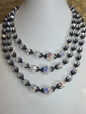 Vintage AB Crystal Aurora Faceted Bead Necklace - Multi Strand Black Caps